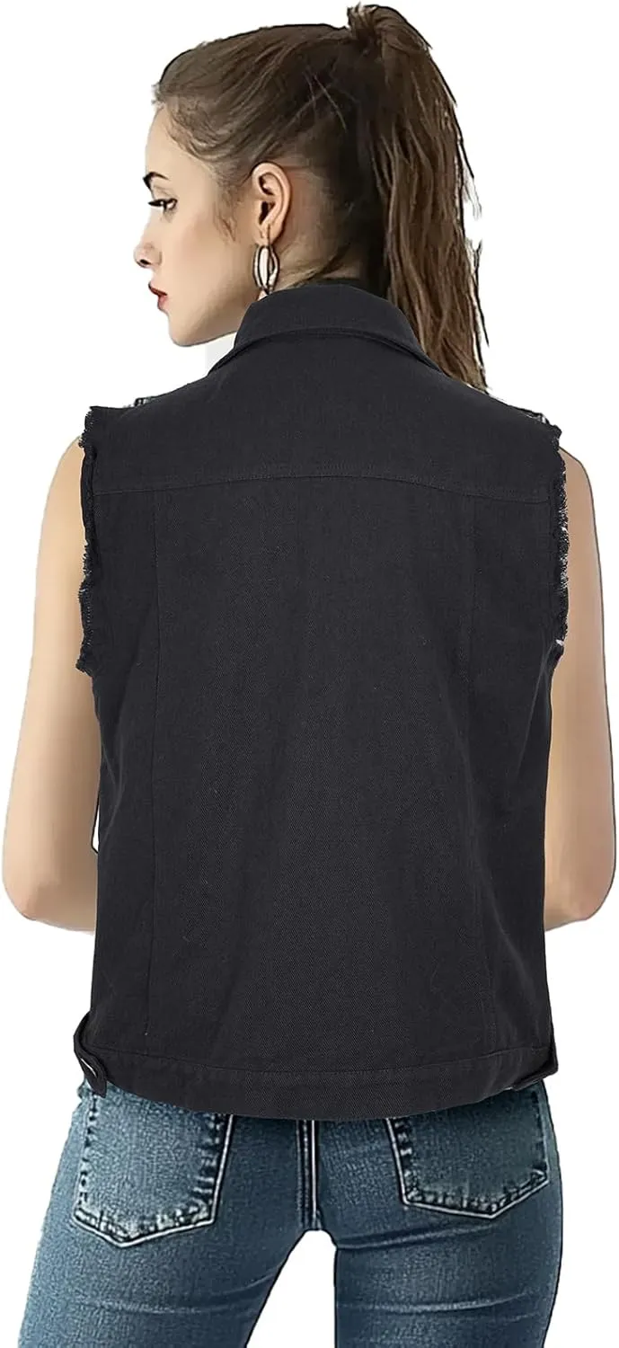 Women's Lapel Blue Denim Vest Buttoned Vest Jacket