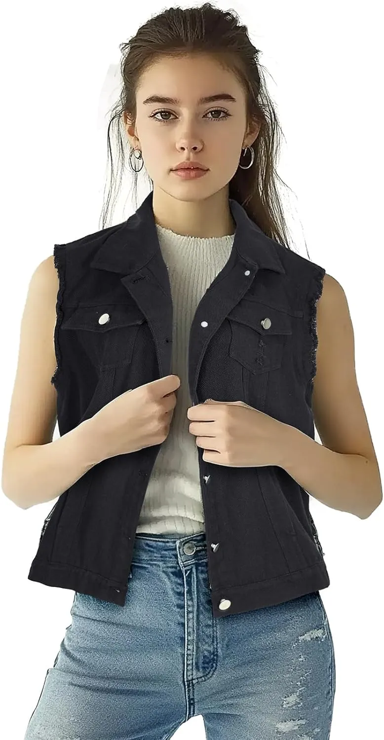 Women's Lapel Blue Denim Vest Buttoned Vest Jacket
