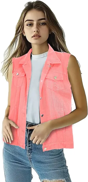 Women's Lapel Blue Denim Vest Buttoned Vest Jacket