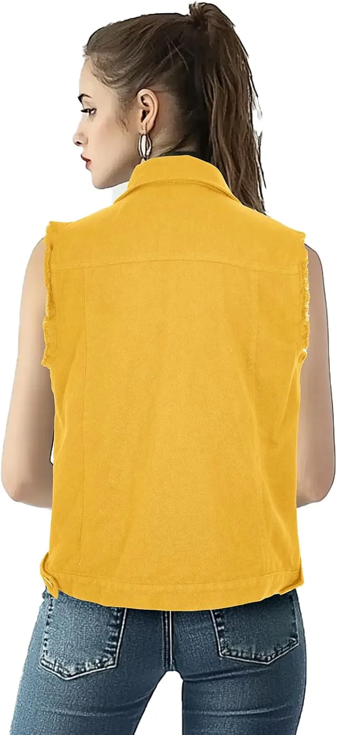Women's Lapel Blue Denim Vest Buttoned Vest Jacket