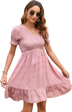 Womens Off Shoulder Summer Dresses Square Neck Short Sleeve Tie Backless Ruffle A Line Casual Layer Mini Dress