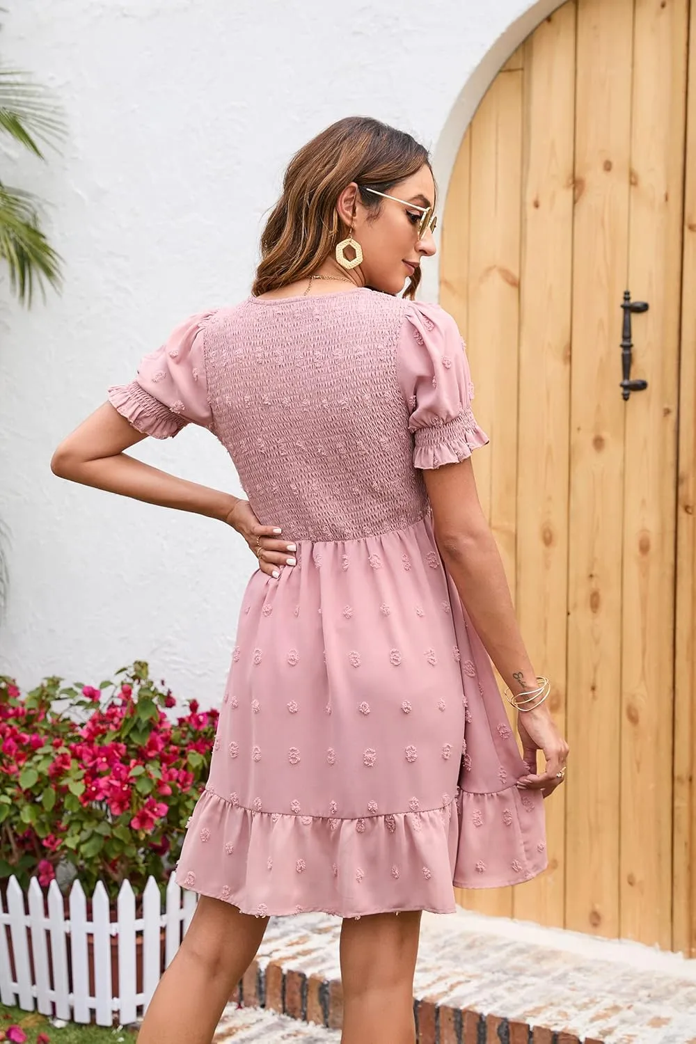 Womens Off Shoulder Summer Dresses Square Neck Short Sleeve Tie Backless Ruffle A Line Casual Layer Mini Dress