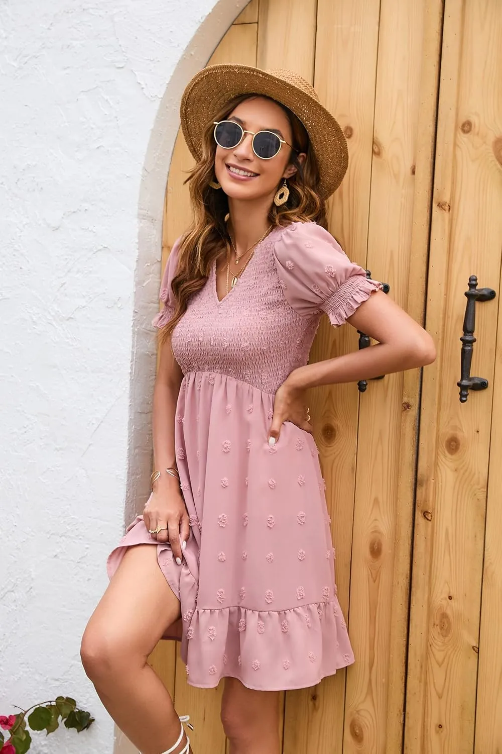 Womens Off Shoulder Summer Dresses Square Neck Short Sleeve Tie Backless Ruffle A Line Casual Layer Mini Dress