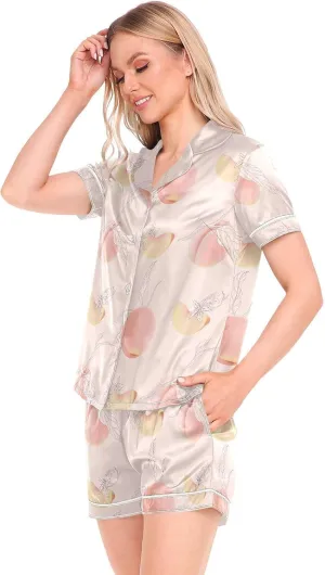 Womens Pajamas Set Peach Flower Leaves Fruit Pink Satin Pajamas Set for Women Soft Short Sleeve Pj Set with Pockets