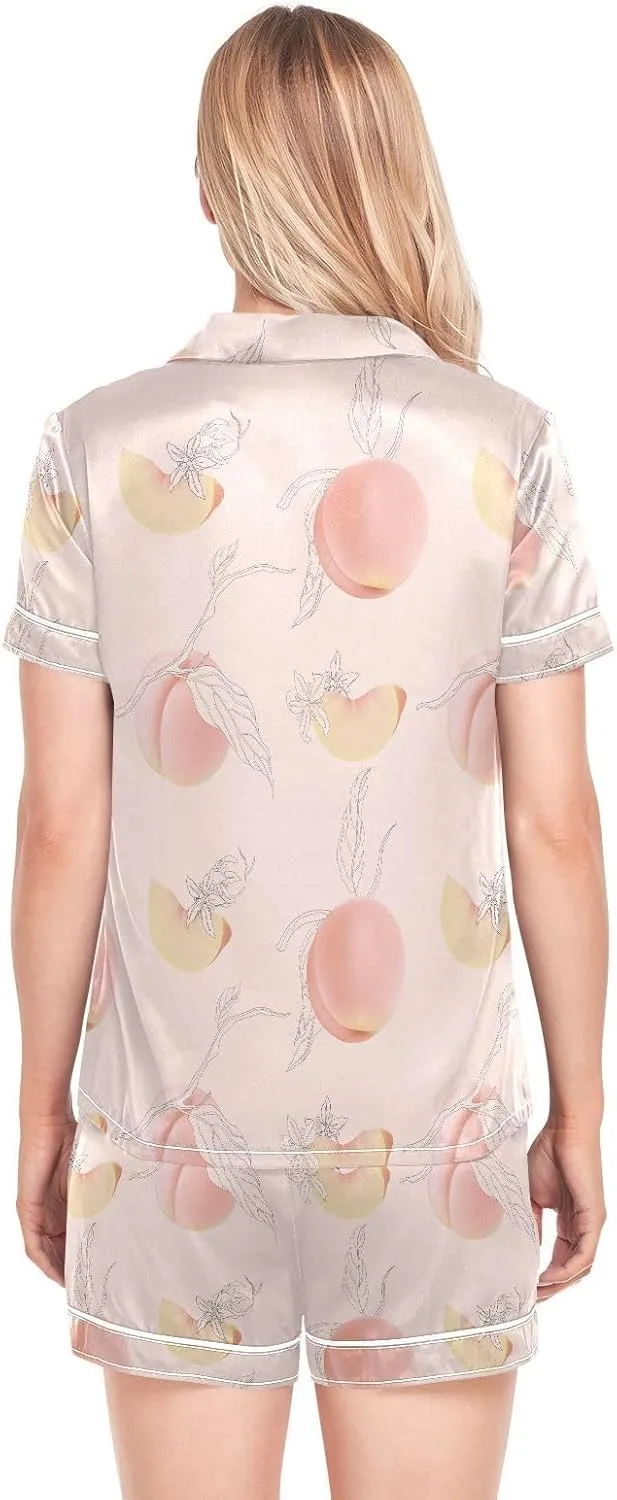 Womens Pajamas Set Peach Flower Leaves Fruit Pink Satin Pajamas Set for Women Soft Short Sleeve Pj Set with Pockets