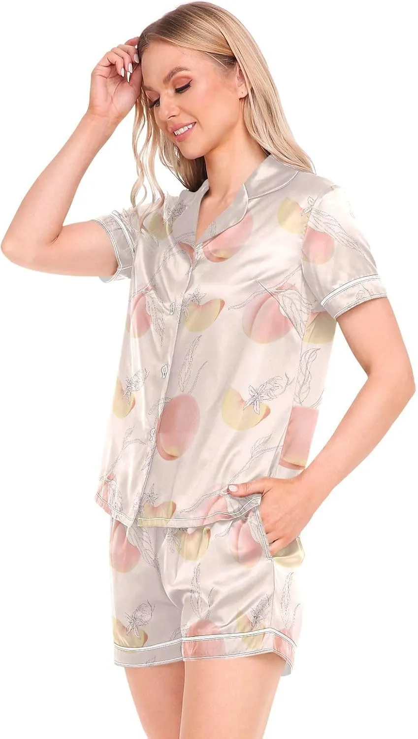 Womens Pajamas Set Peach Flower Leaves Fruit Pink Satin Pajamas Set for Women Soft Short Sleeve Pj Set with Pockets