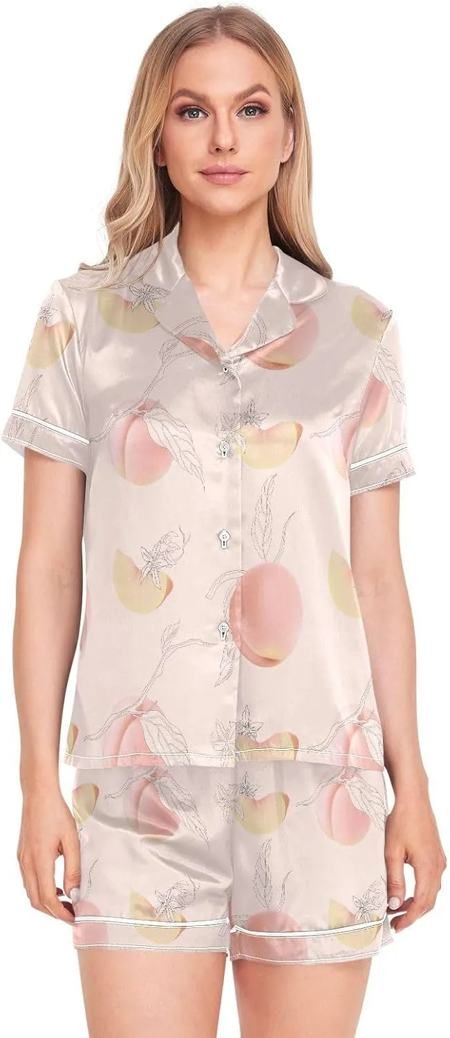 Womens Pajamas Set Peach Flower Leaves Fruit Pink Satin Pajamas Set for Women Soft Short Sleeve Pj Set with Pockets