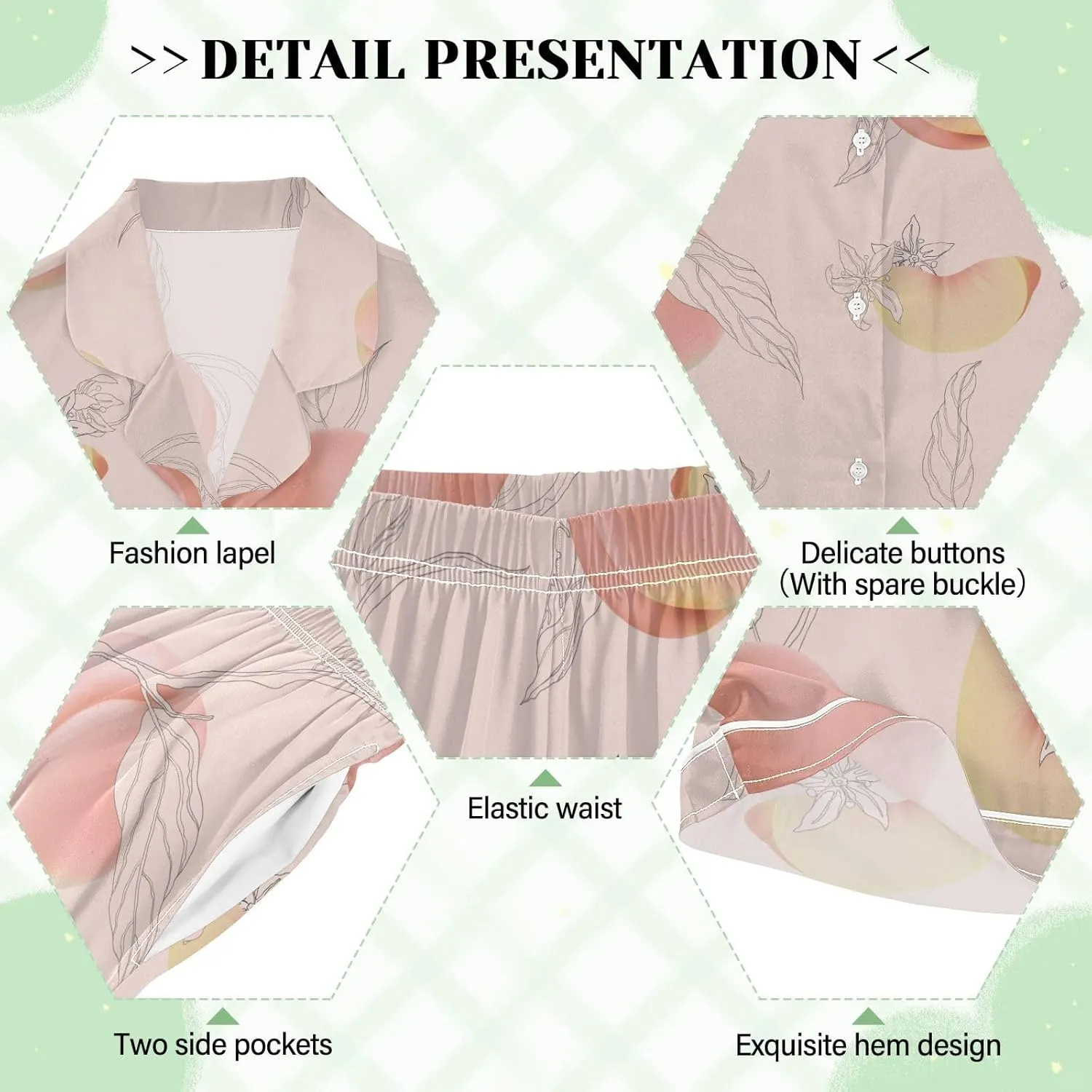 Womens Pajamas Set Peach Flower Leaves Fruit Pink Satin Pajamas Set for Women Soft Short Sleeve Pj Set with Pockets