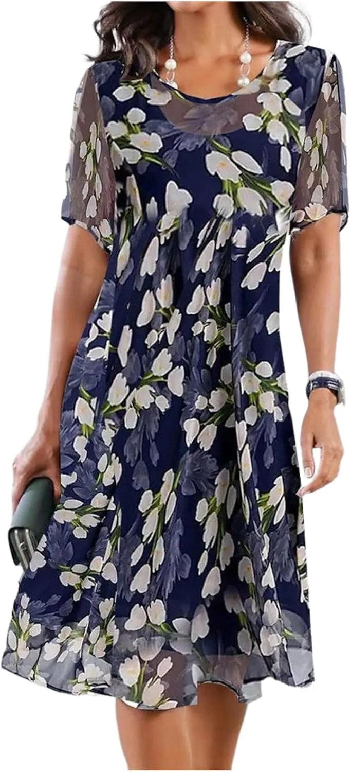 Womens Summer Floral Short Sleeve Mini Dress A-Line Round Neck Ruffle Flowy Dress Wedding Guest Dress