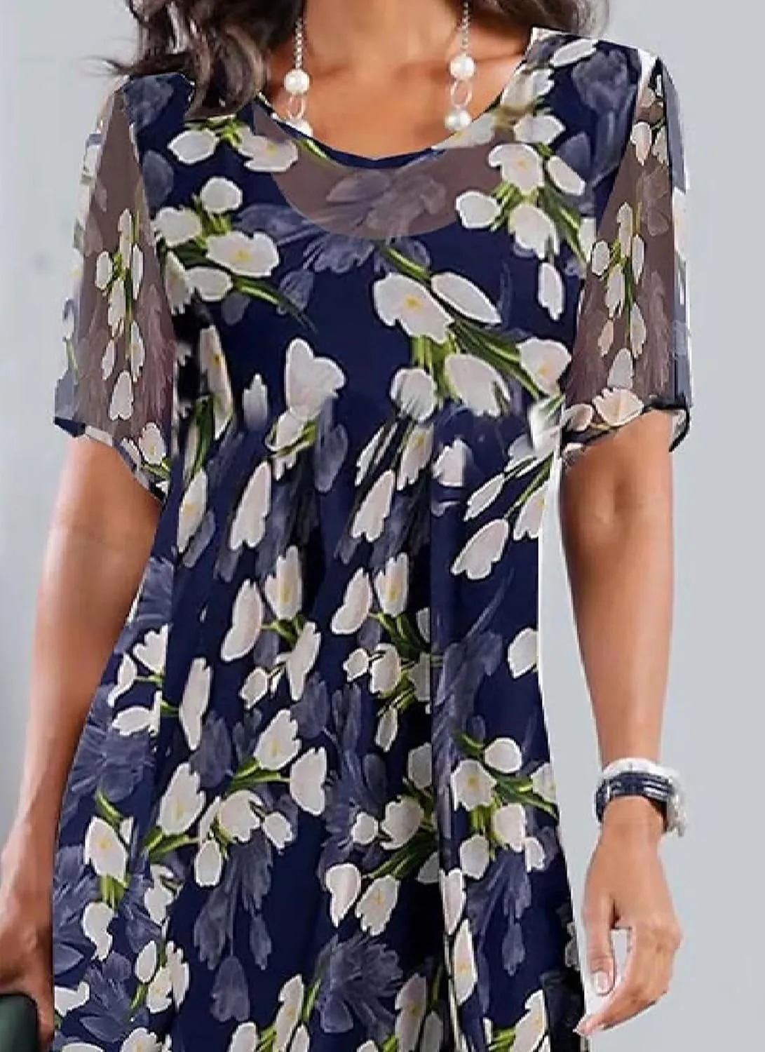 Womens Summer Floral Short Sleeve Mini Dress A-Line Round Neck Ruffle Flowy Dress Wedding Guest Dress