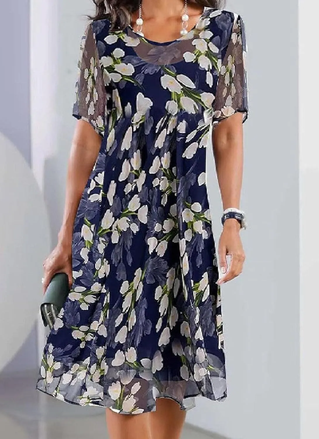 Womens Summer Floral Short Sleeve Mini Dress A-Line Round Neck Ruffle Flowy Dress Wedding Guest Dress
