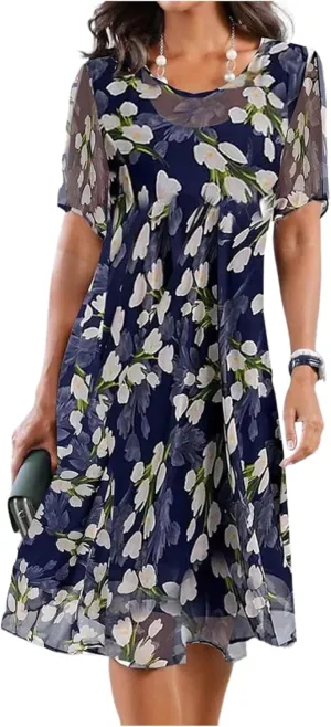 Womens Summer Floral Short Sleeve Mini Dress A-Line Round Neck Ruffle Flowy Dress Wedding Guest Dress