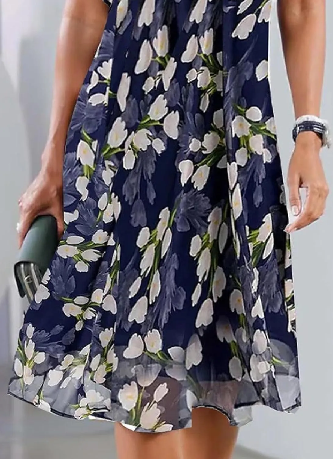 Womens Summer Floral Short Sleeve Mini Dress A-Line Round Neck Ruffle Flowy Dress Wedding Guest Dress