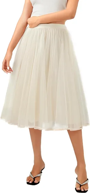 Women's Tulle Satin Pleated Midi Skirt Elastic Waist Knee Length Tutu Party Skirt