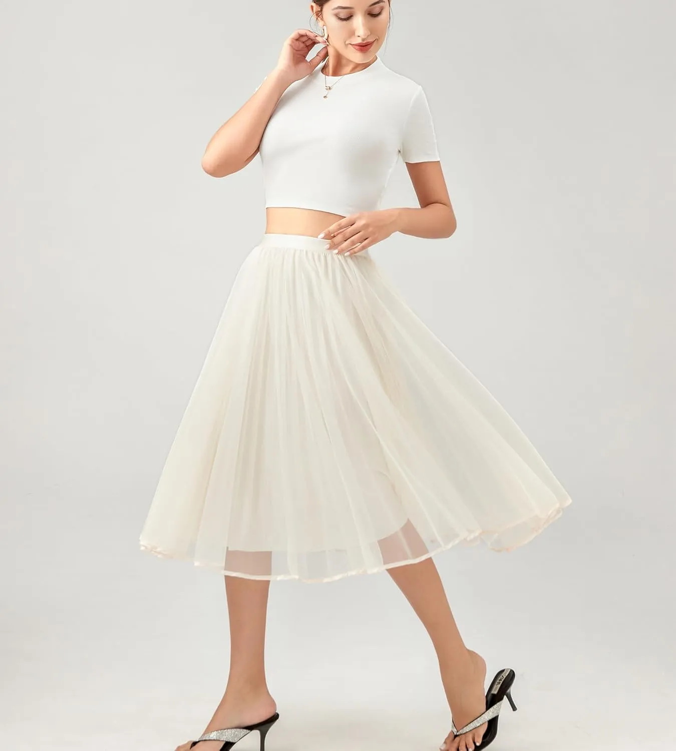 Women's Tulle Satin Pleated Midi Skirt Elastic Waist Knee Length Tutu Party Skirt