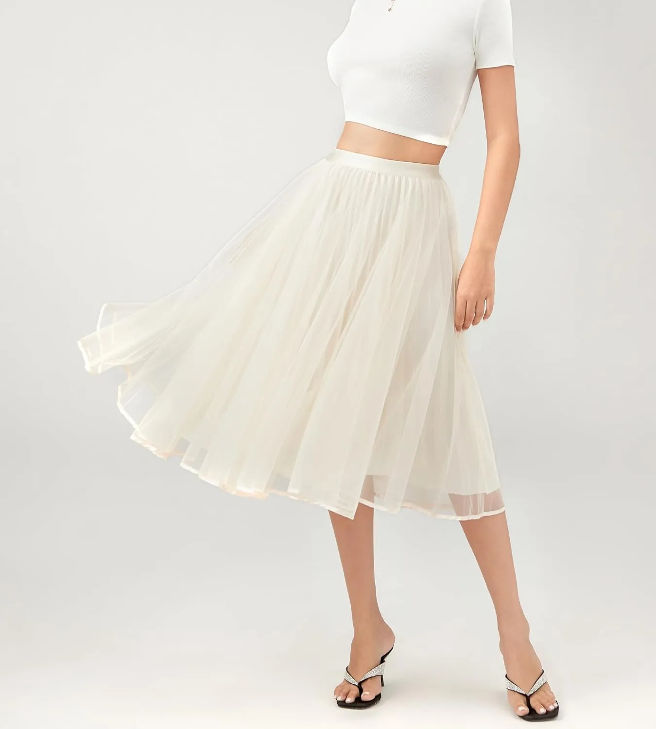 Women's Tulle Satin Pleated Midi Skirt Elastic Waist Knee Length Tutu Party Skirt