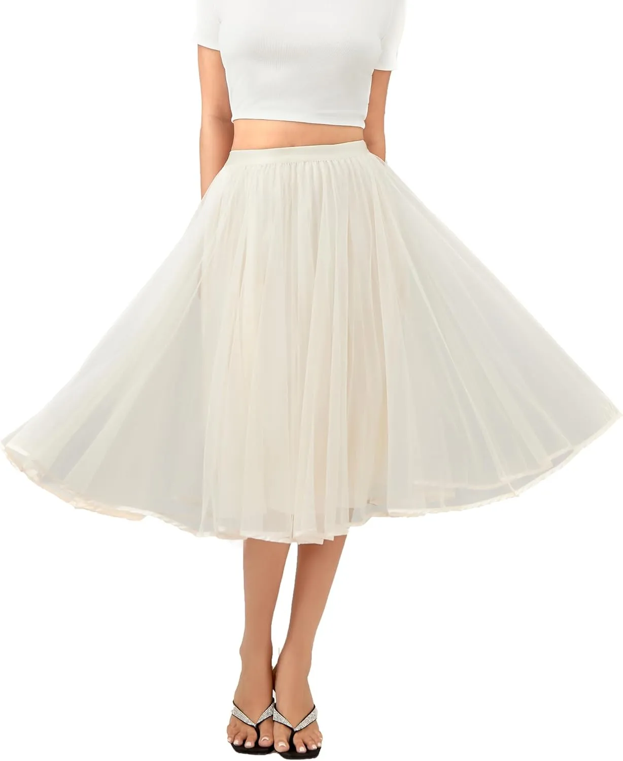 Women's Tulle Satin Pleated Midi Skirt Elastic Waist Knee Length Tutu Party Skirt