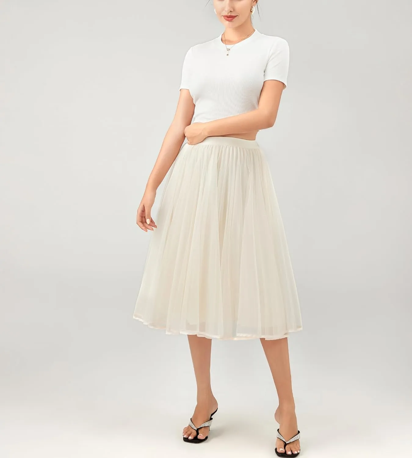 Women's Tulle Satin Pleated Midi Skirt Elastic Waist Knee Length Tutu Party Skirt