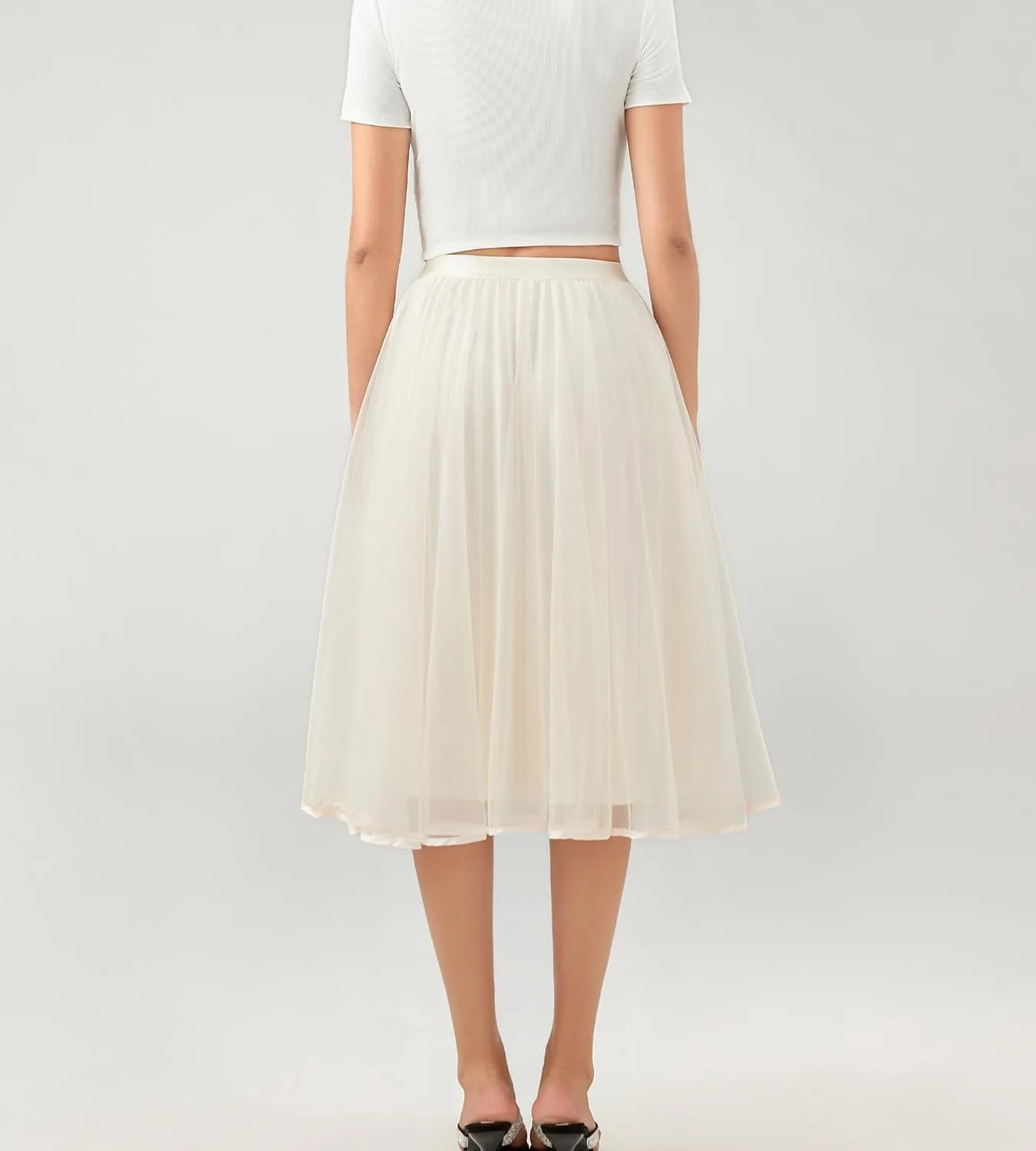Women's Tulle Satin Pleated Midi Skirt Elastic Waist Knee Length Tutu Party Skirt