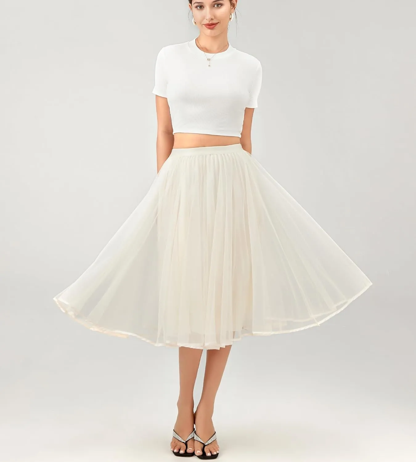 Women's Tulle Satin Pleated Midi Skirt Elastic Waist Knee Length Tutu Party Skirt