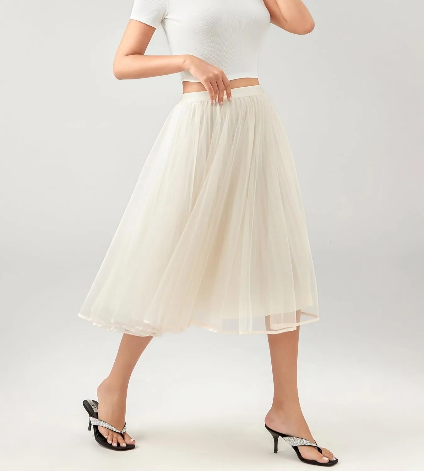 Women's Tulle Satin Pleated Midi Skirt Elastic Waist Knee Length Tutu Party Skirt