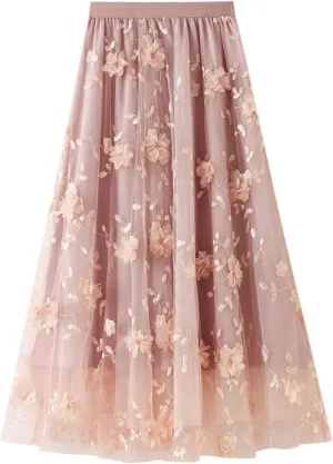 Xaspee Tulle Skirts for Women High Waist Layered Floral Print Brown Skirt Mesh A-Line Midi Midi Skirt