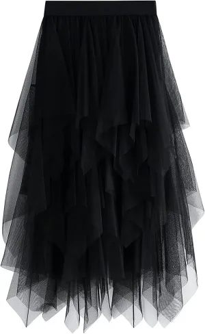 Xaspee Tulle Skirts for Women High Waist Layered Floral Print Brown Skirt Mesh A-Line Midi Midi Skirt