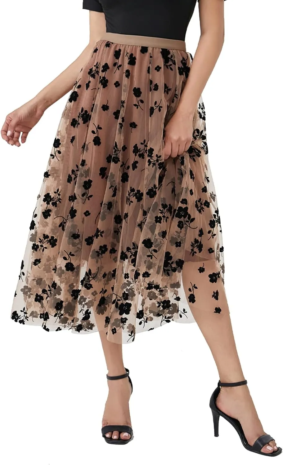 Xaspee Tulle Skirts for Women High Waist Layered Floral Print Brown Skirt Mesh A-Line Midi Midi Skirt