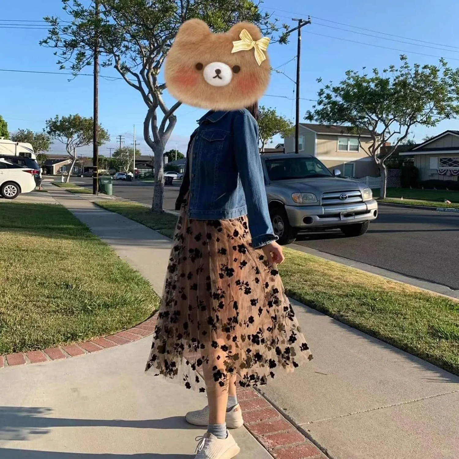 Xaspee Tulle Skirts for Women High Waist Layered Floral Print Brown Skirt Mesh A-Line Midi Midi Skirt
