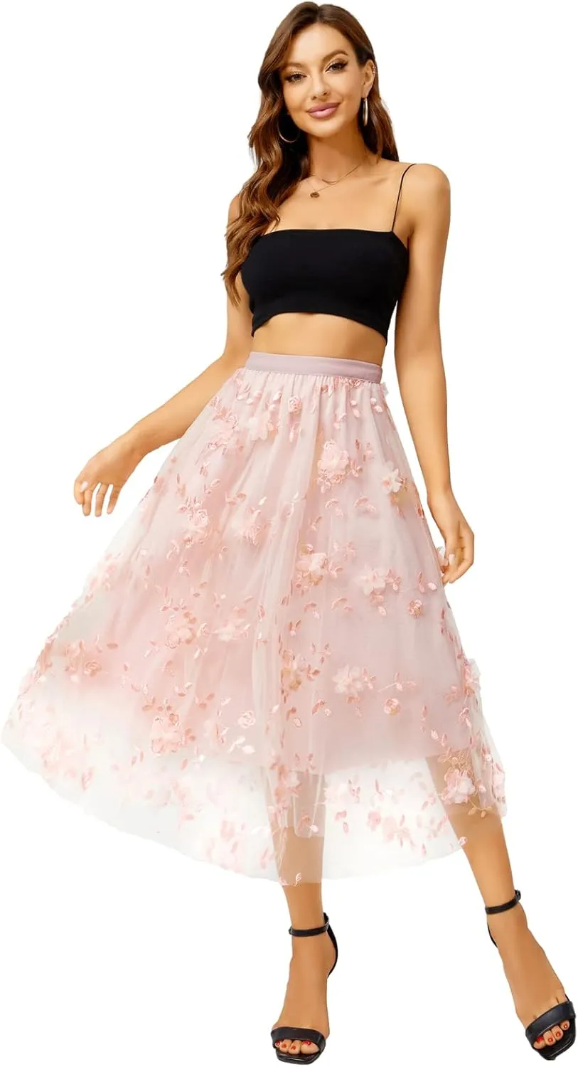 Xaspee Tulle Skirts for Women High Waist Layered Floral Print Brown Skirt Mesh A-Line Midi Midi Skirt