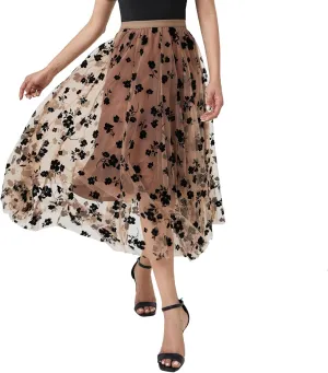 Xaspee Tulle Skirts for Women High Waist Layered Floral Print Brown Skirt Mesh A-Line Midi Midi Skirt
