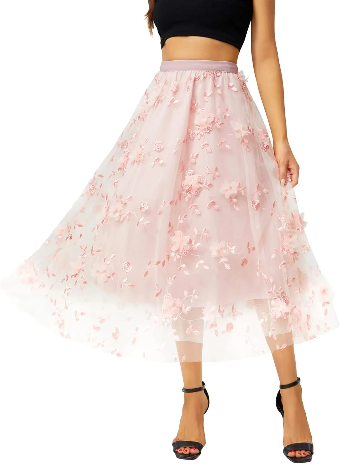 Xaspee Tulle Skirts for Women High Waist Layered Floral Print Brown Skirt Mesh A-Line Midi Midi Skirt