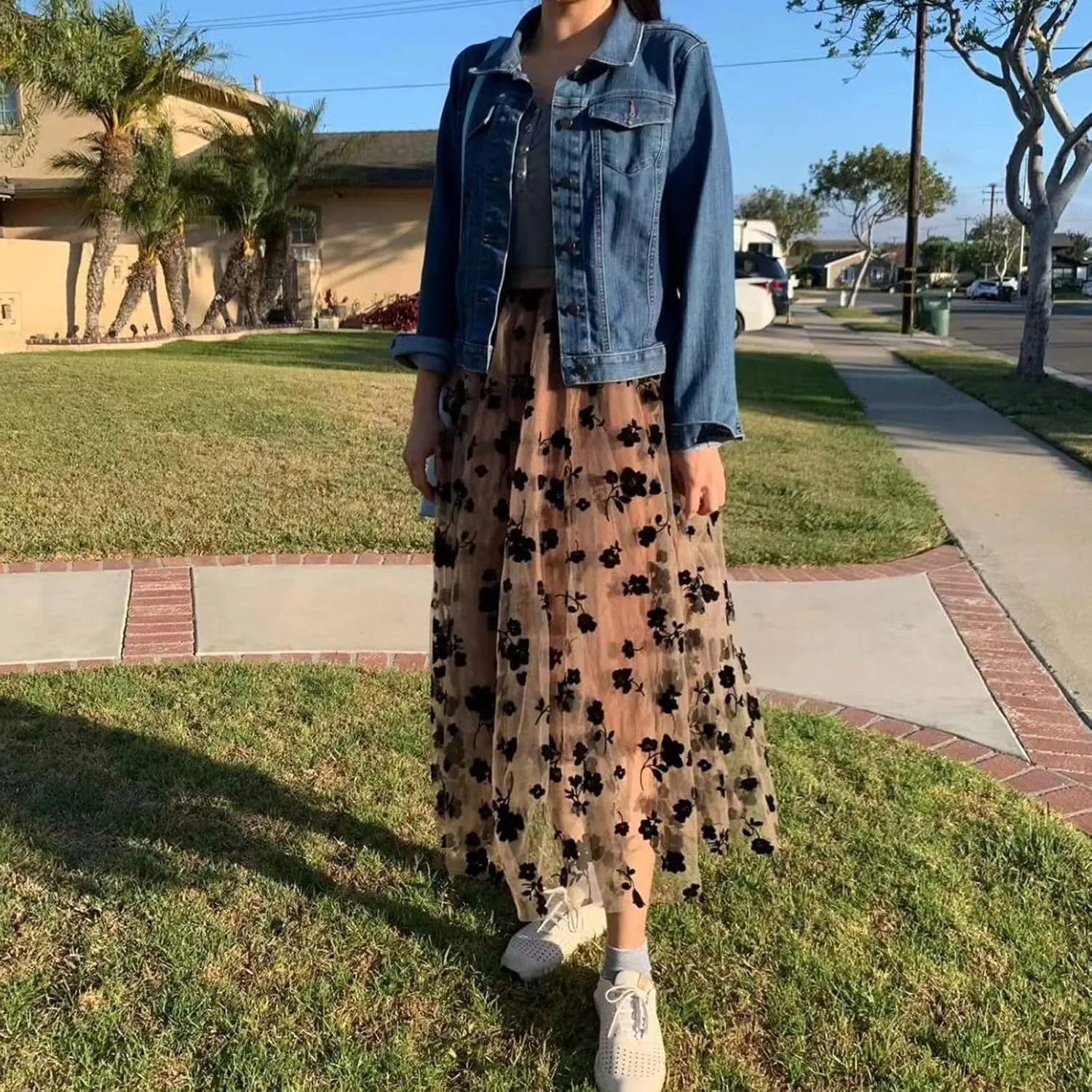Xaspee Tulle Skirts for Women High Waist Layered Floral Print Brown Skirt Mesh A-Line Midi Midi Skirt