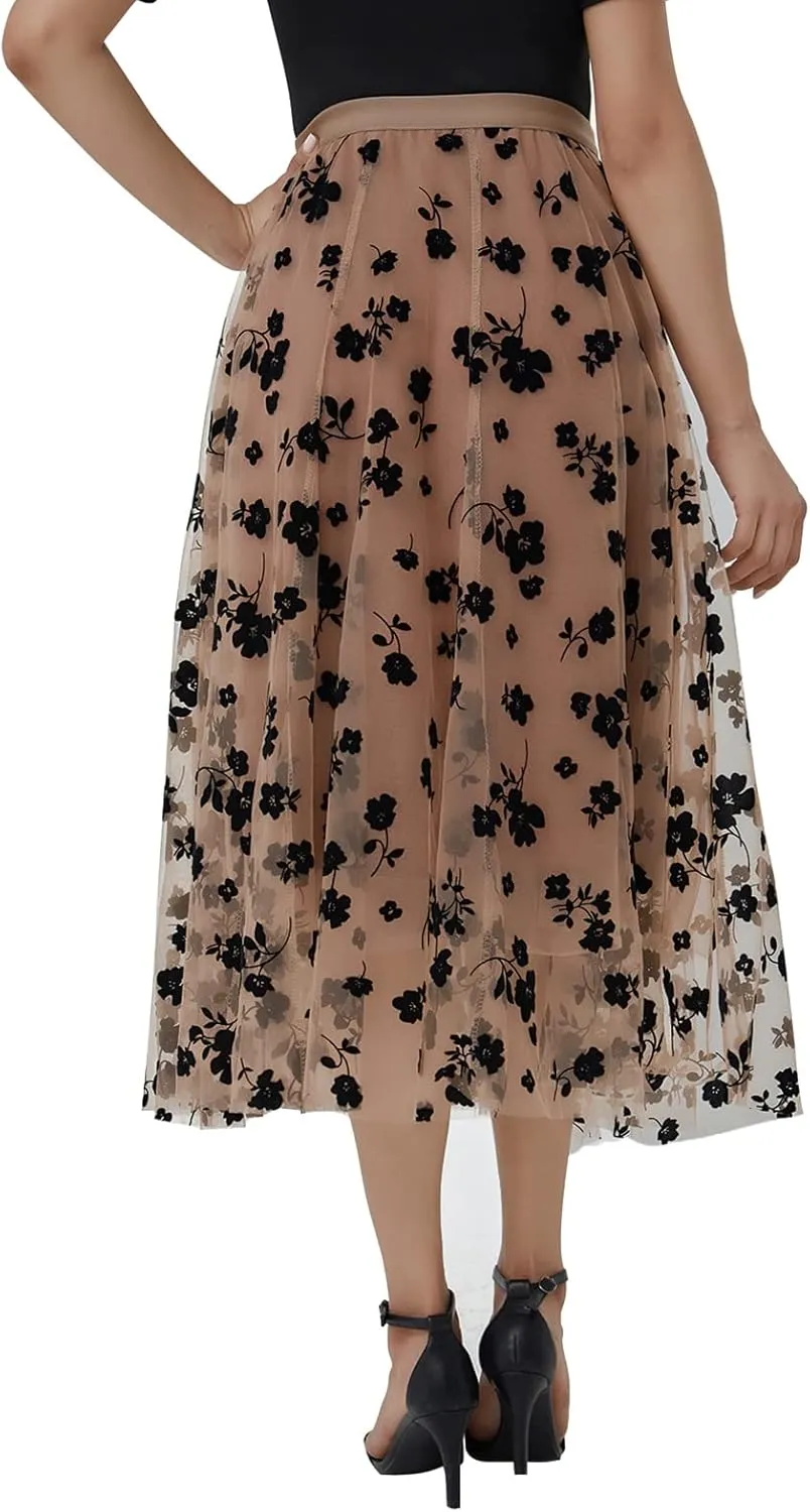 Xaspee Tulle Skirts for Women High Waist Layered Floral Print Brown Skirt Mesh A-Line Midi Midi Skirt