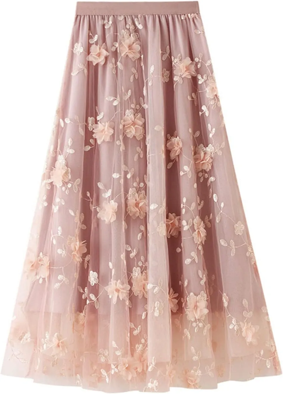 Xaspee Tulle Skirts for Women High Waist Layered Floral Print Brown Skirt Mesh A-Line Midi Midi Skirt