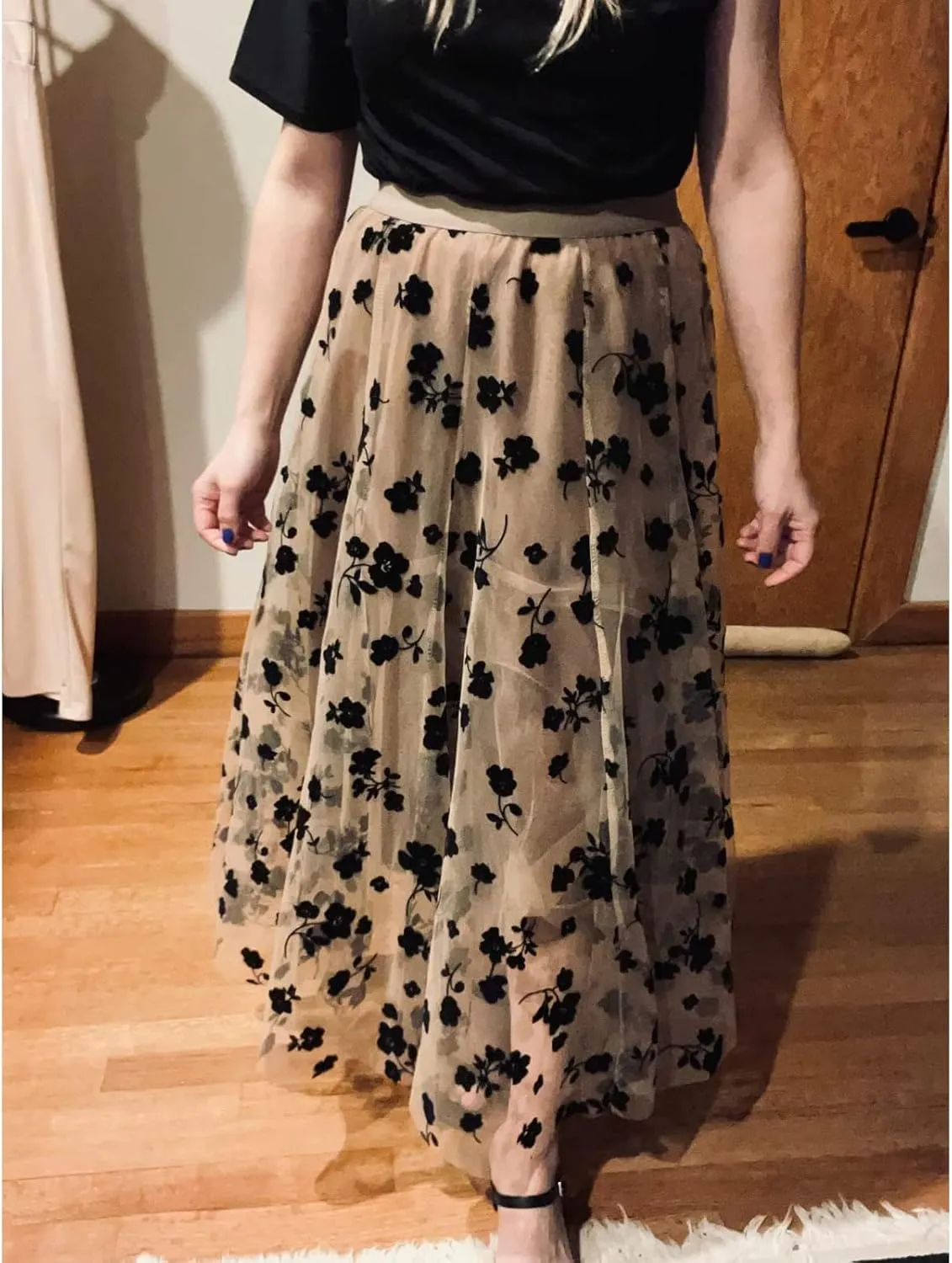 Xaspee Tulle Skirts for Women High Waist Layered Floral Print Brown Skirt Mesh A-Line Midi Midi Skirt