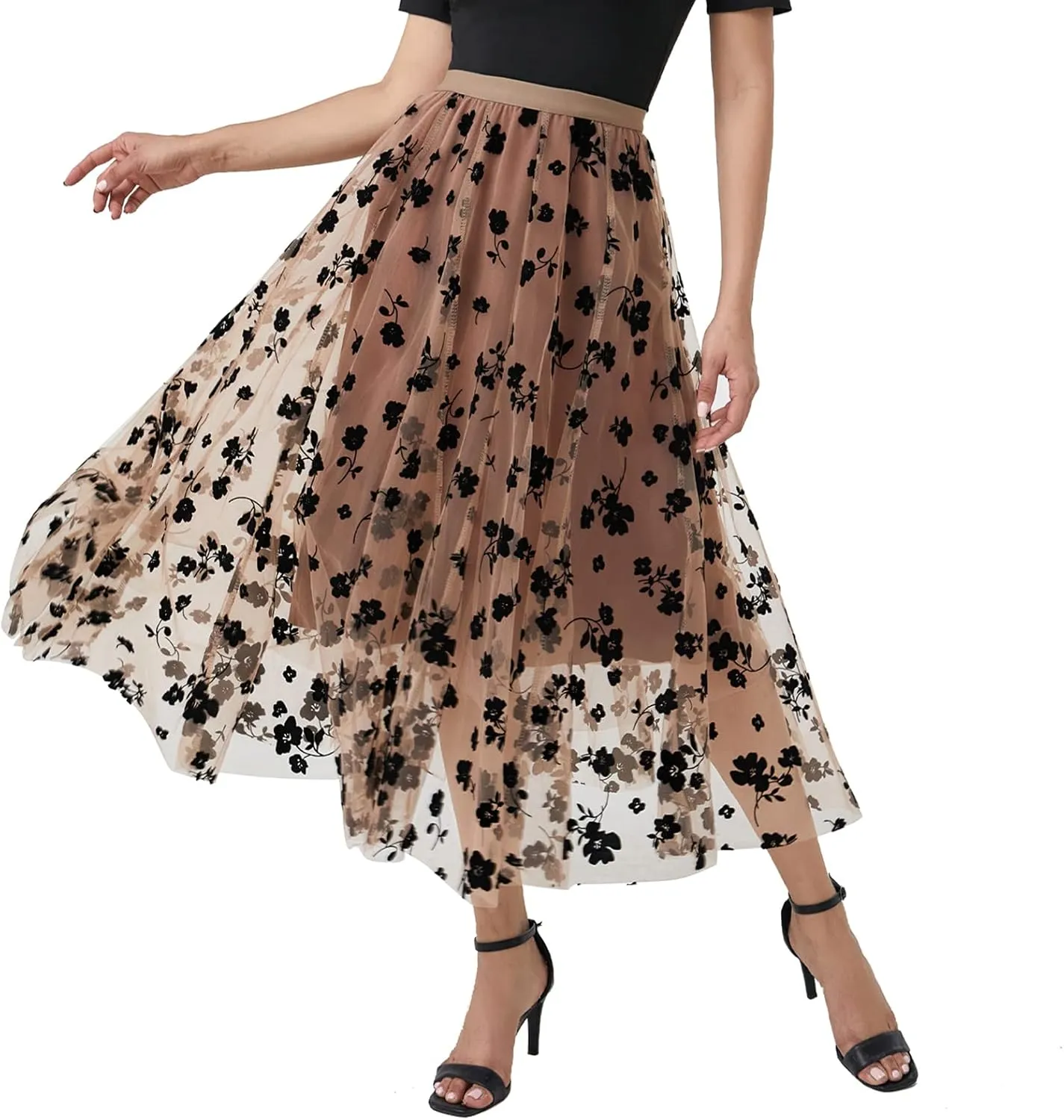 Xaspee Tulle Skirts for Women High Waist Layered Floral Print Brown Skirt Mesh A-Line Midi Midi Skirt